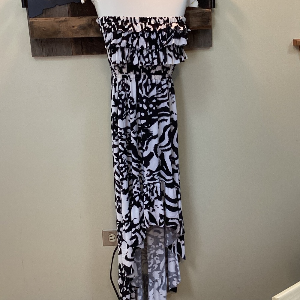 Black and White Animal Print Strapless high low hem Dress